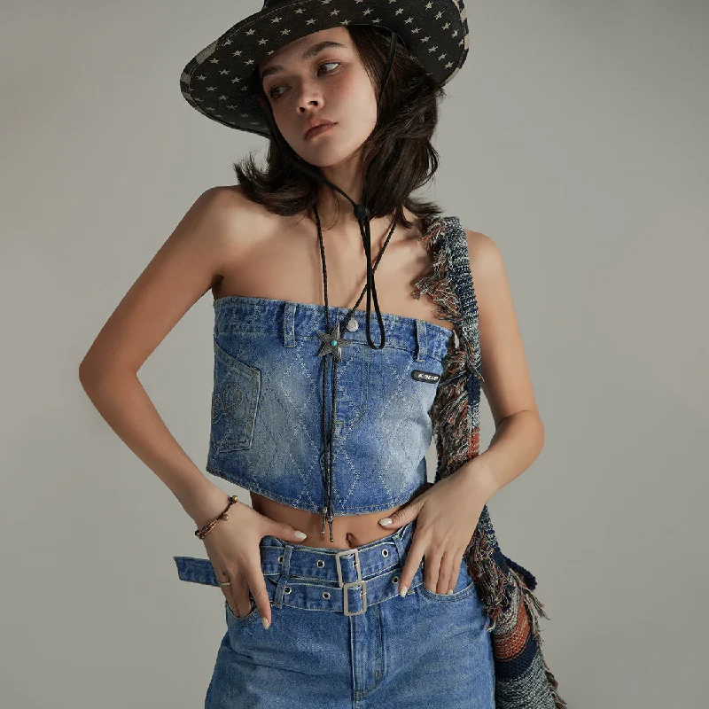 Argyle Denim Tube Top Artistic Women's Hand - painted