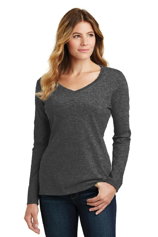 Port & Company Womens Fan Favorite Long Sleeve V-Neck T-Shirt - Heather Dark Grey Artistic Women's Hand - painted
