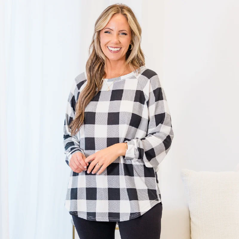 Curved Hem Slouchy Dolman Tunic, White Plaid Rugged Women's Outdoor 