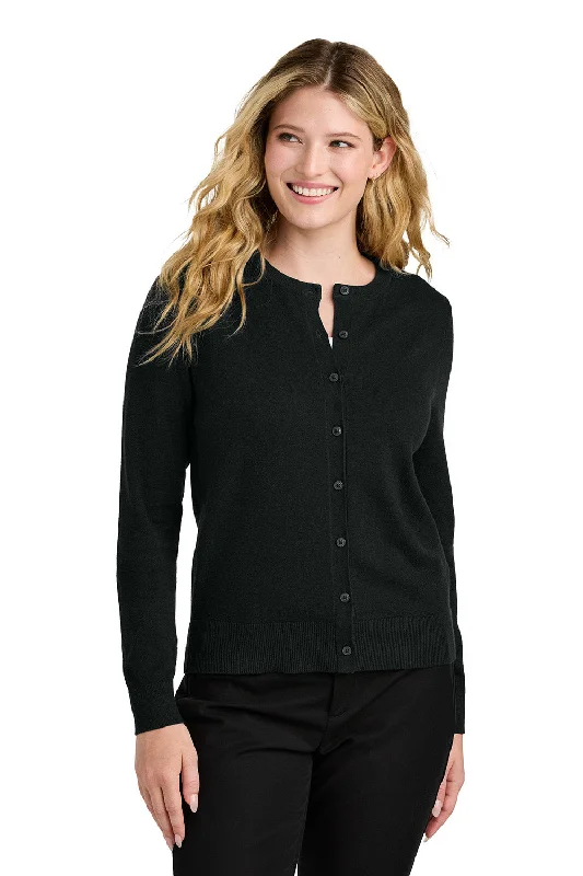 Port Authority Womens Easy Care Long Sleeve Button Front Cardigan Sweater - Deep Black - New Trendy Women's Oversized