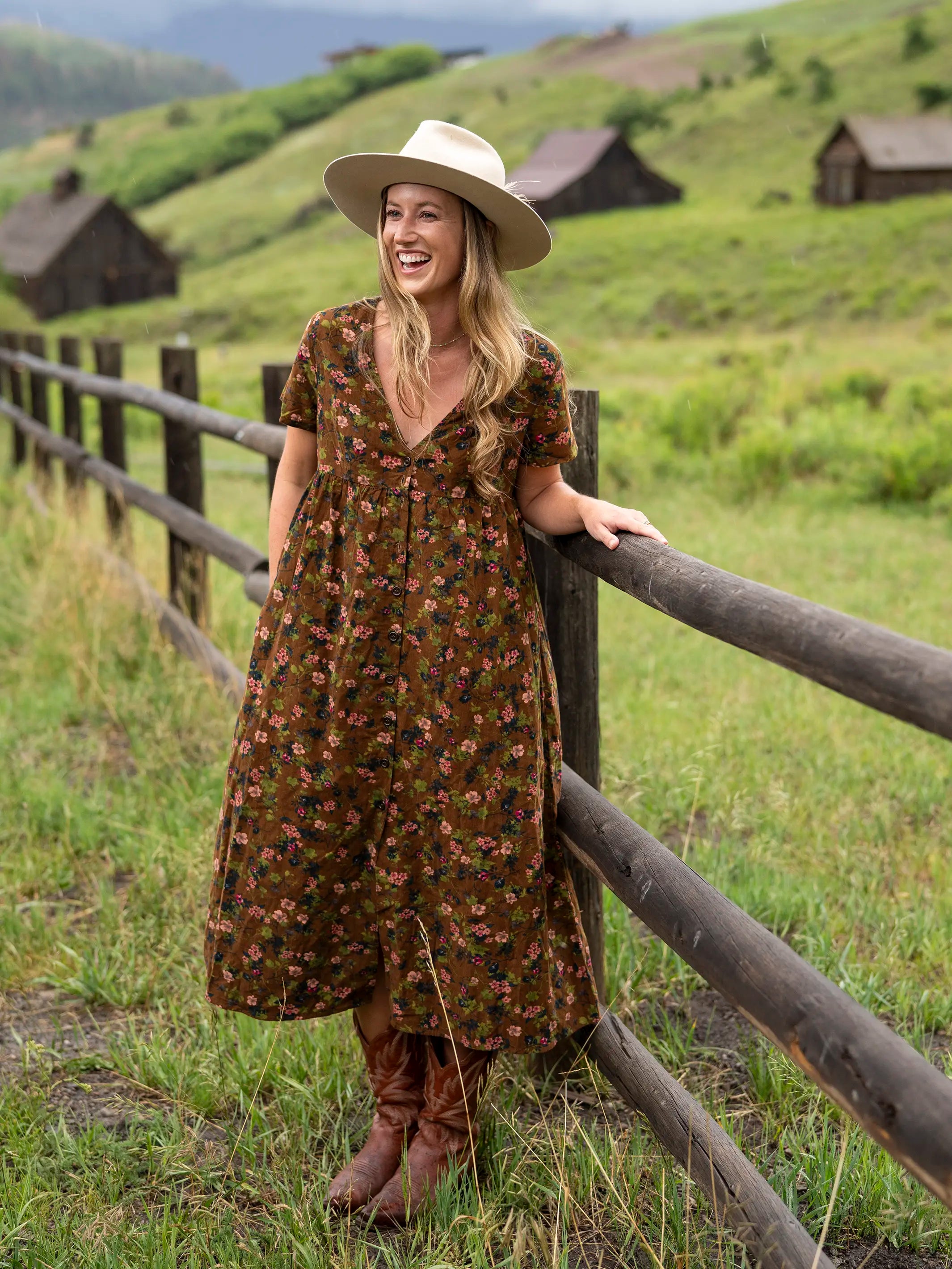 Avery Corduroy Midi Dress - Brown Green Bouquets Floral Confident Women's High - fashion