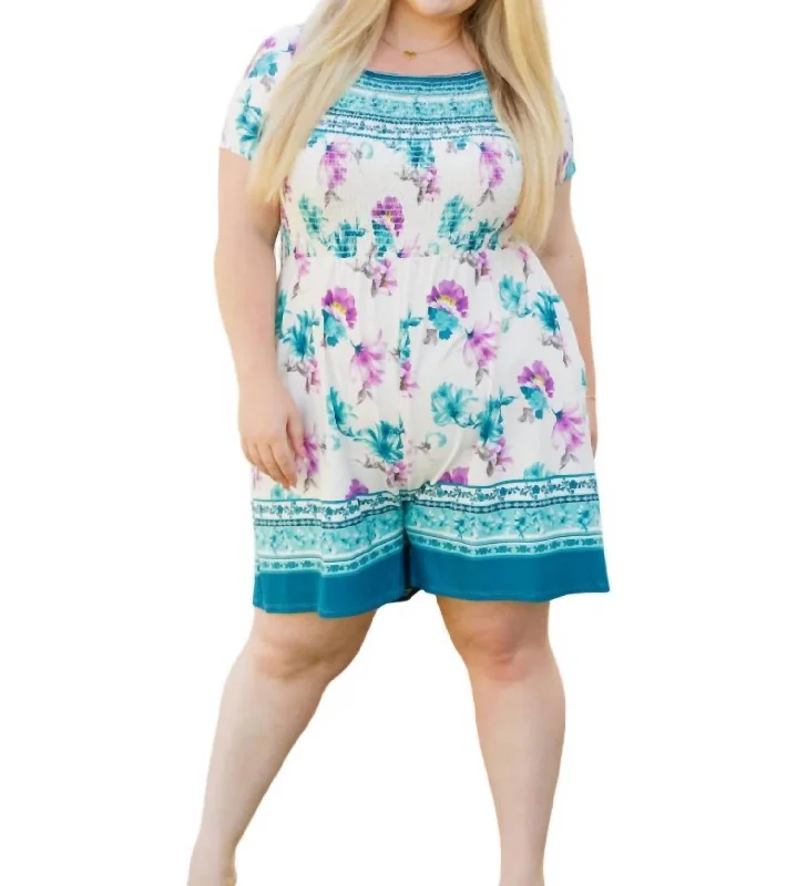 Little Boho Moment Floral Romper In White/teal Polished Women's Silk