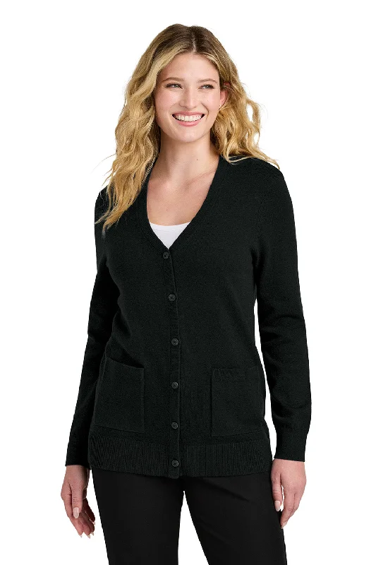 Port Authority Womens Easy Care Button Front Long Sleeve Cardigan Sweater w/ Pockets - Deep Black - New Vintage Women's 1970S 