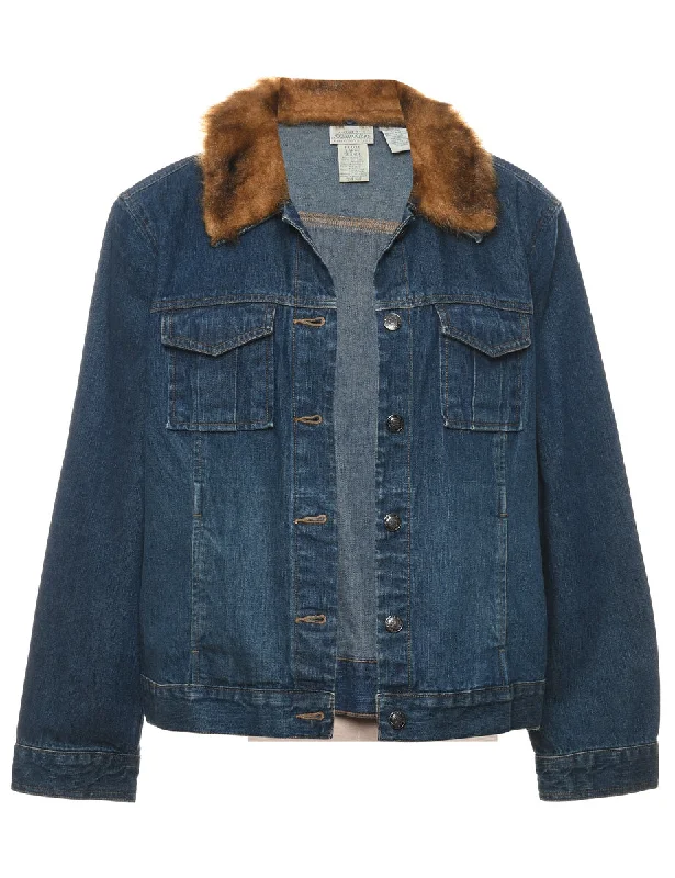 Dark Wash Faux Fur Collar Y2K Denim Jacket - L Business