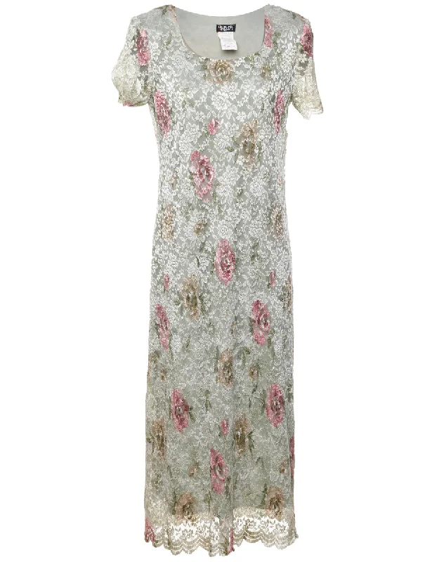 Light Green & Pale Pink Pastel Floral Lace Evening Dress - M Modern Women's 