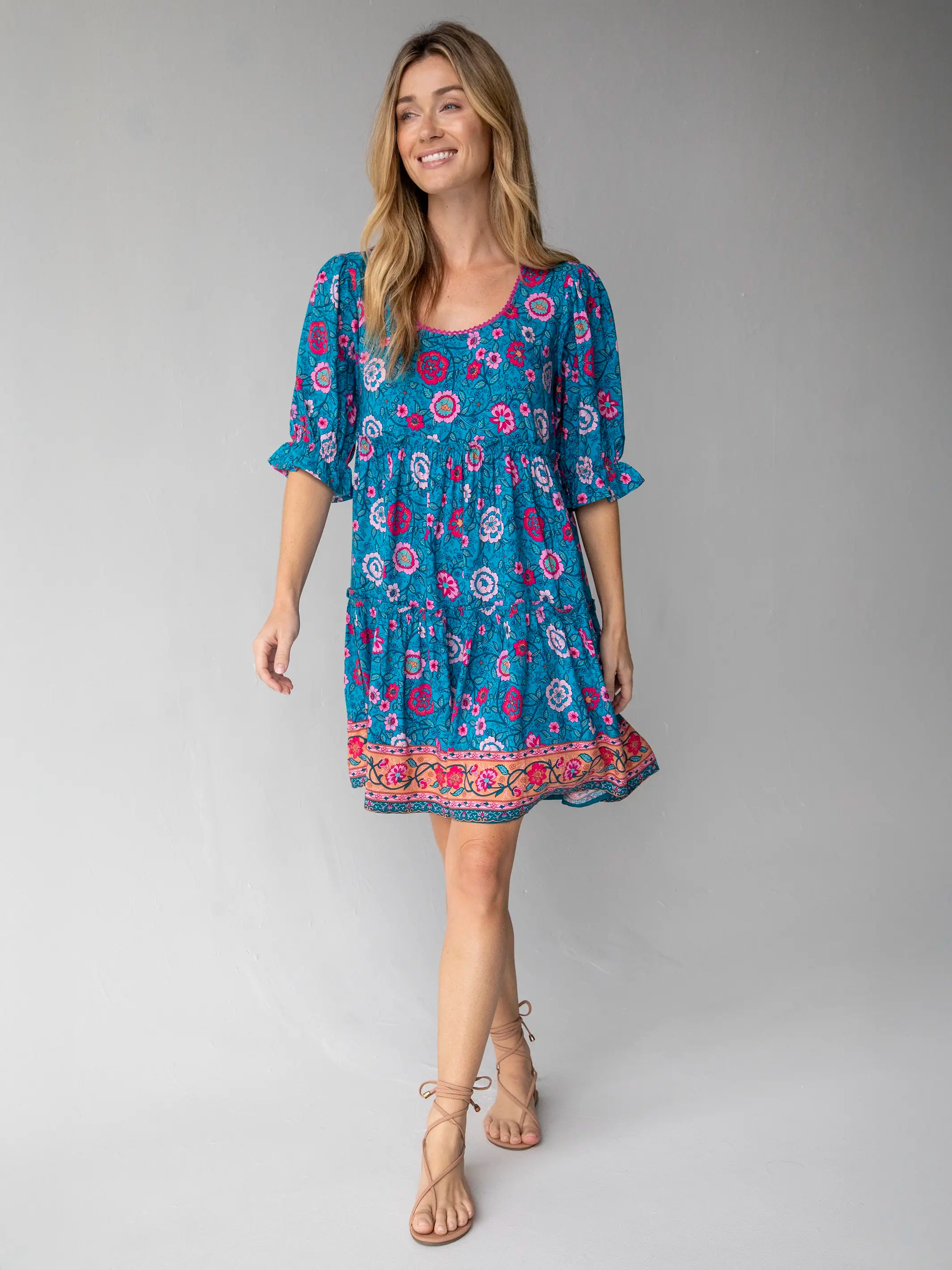 Collette Mini Dress - Blue Camel Pink Border performance