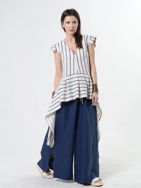 Asymmetric Top on Blue Stripes Laid - back Women's Style
