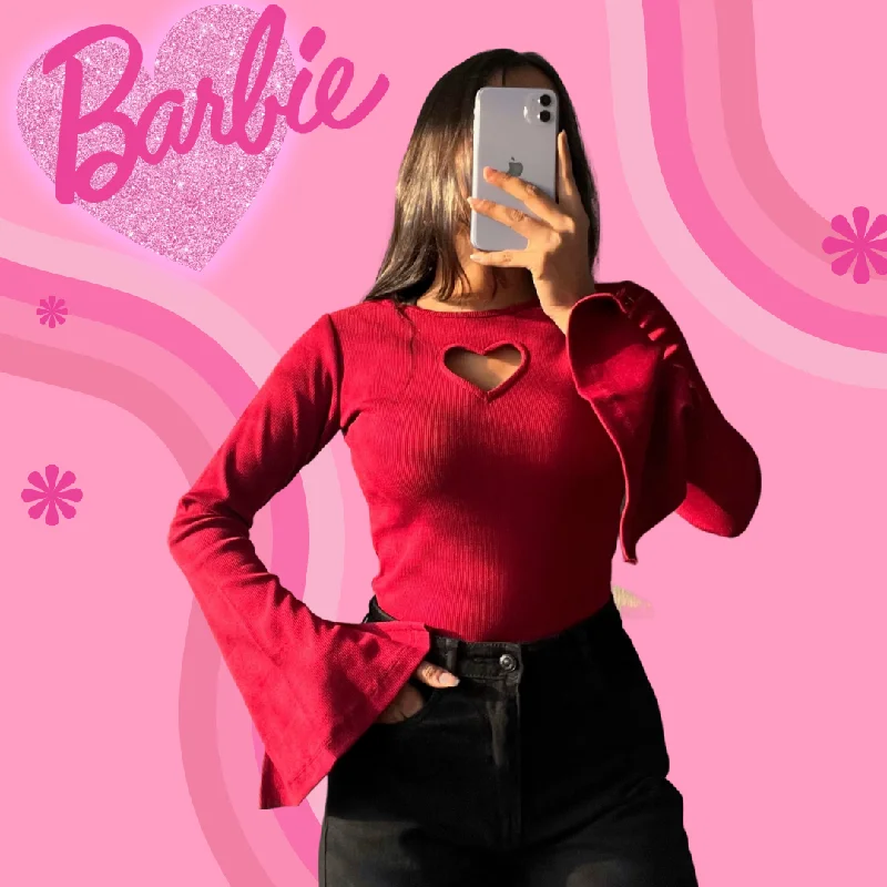 Heart Cut Out Bell Sleeve Top Luxurious Women's High -  end
