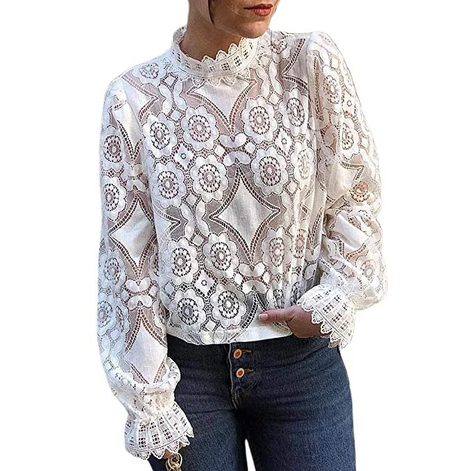 Women's Long Sleeve Lace Tops Casual Hollow Out Stand Collar Shirt Tees Traditional Women's Wool