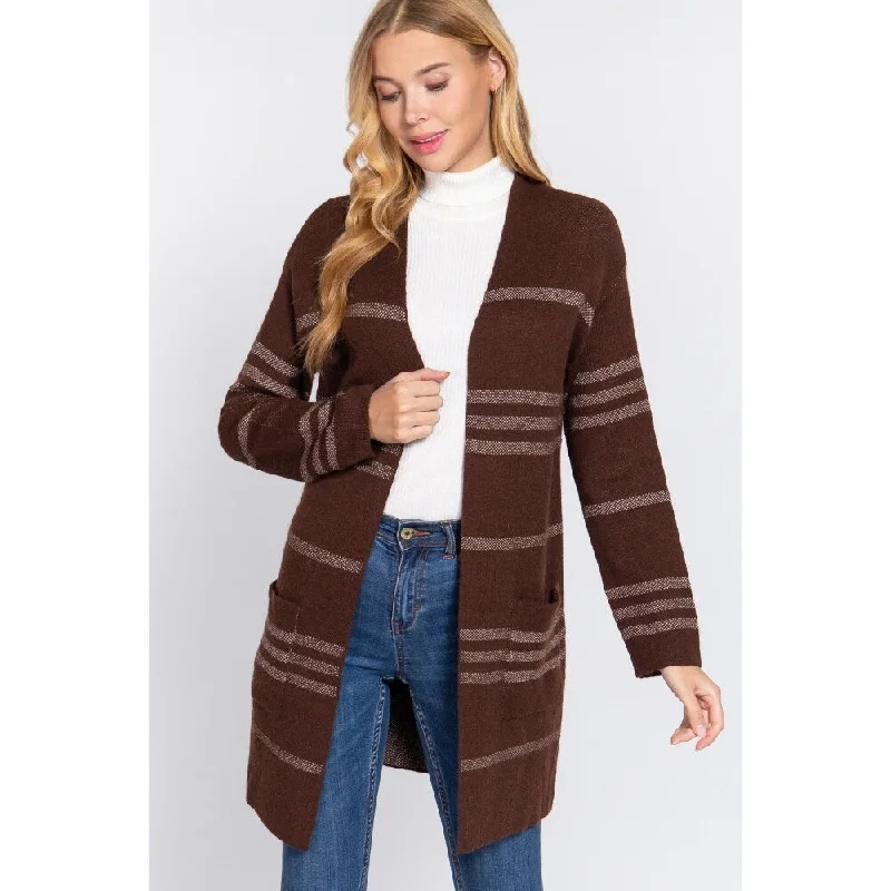 Brown-Cream Polyester Dolman Sleevs Stripe Open Sweater Cardigan Sophisticated Women's 