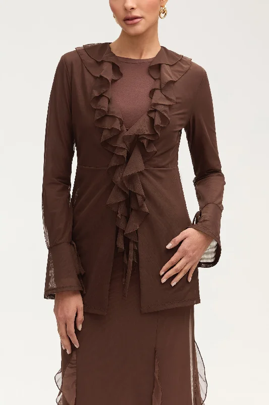 Jida Ruffle Tie Front Top - Espresso Sophisticated Women's 